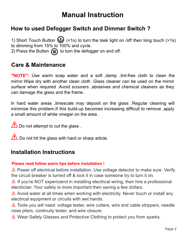 Image contains instruction for operation of mirror's electrical features.