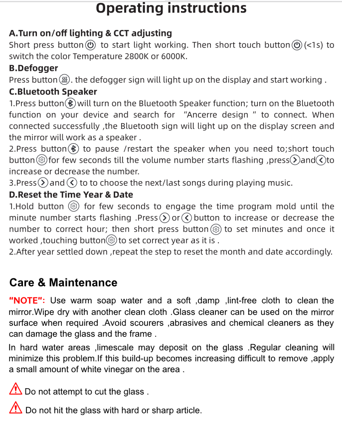 Image shows operating instructions and warnings.