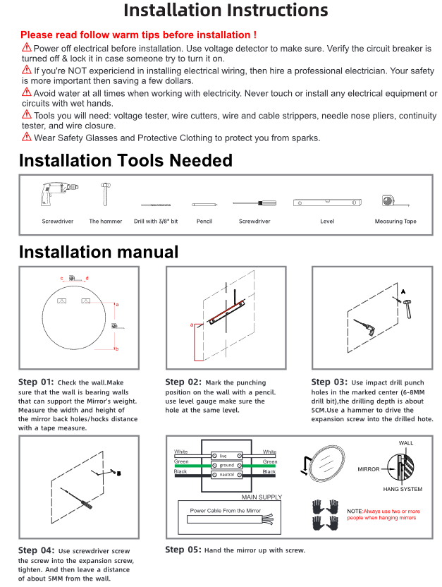 Image shows various graphics and text regarding installation of mirror.