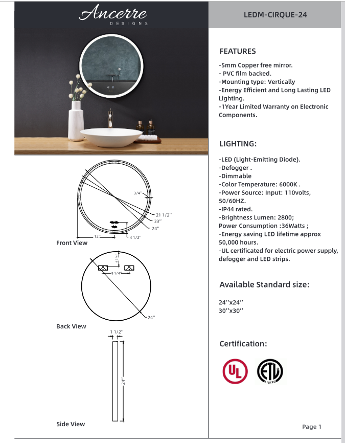 Photo of round mirror with graphics and details printed below.