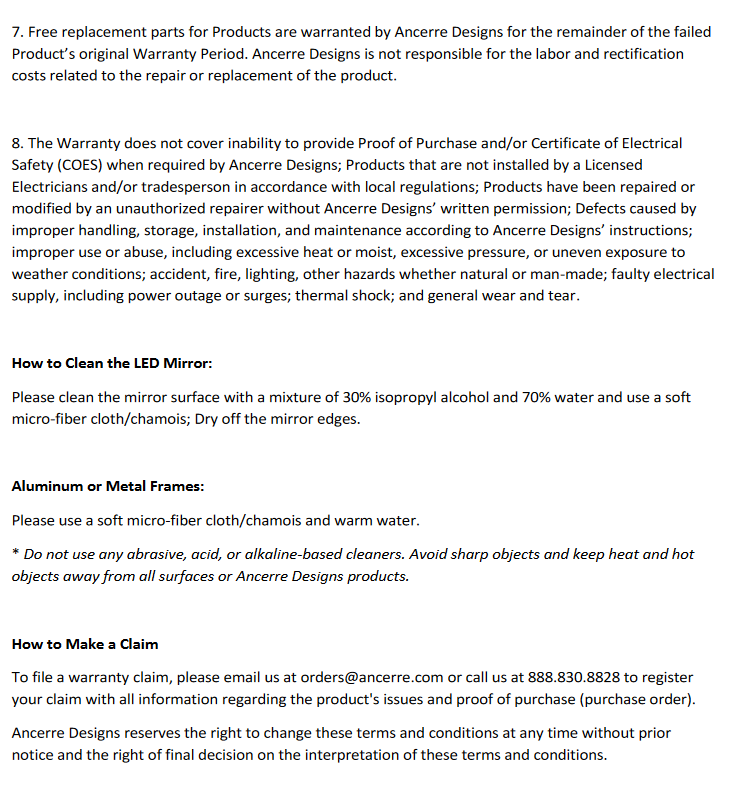 Image shows second half of text of LED Mirrors Limited Warranty.