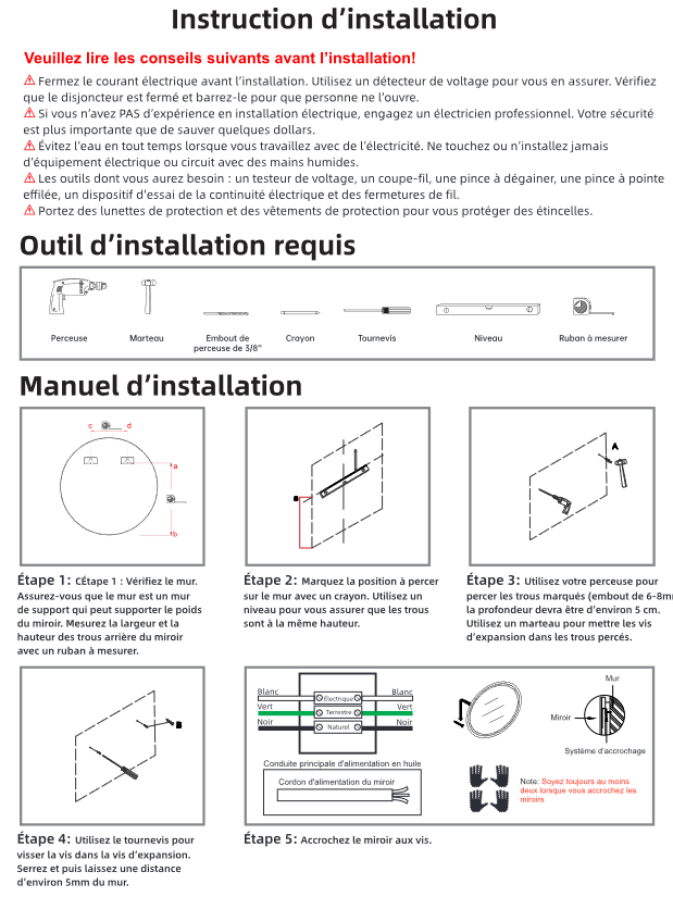 Image shows text and graphic illustrations regarding installation of mirror—in French language.