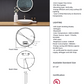 Image shows color photo of round mirror mounted above bathroom vanity. Below is graphic illustration of mirror's demensions. To the right is list of features.