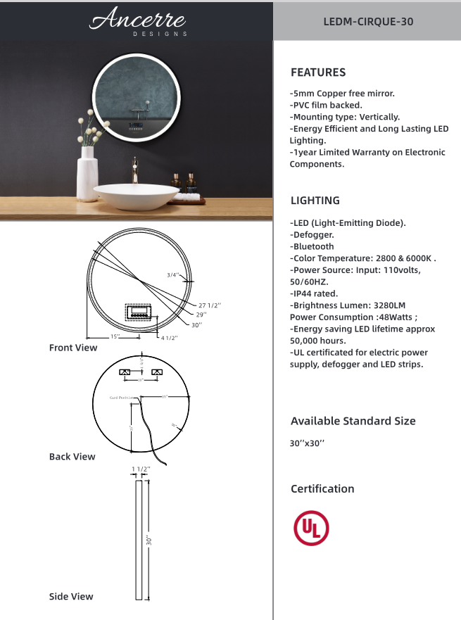 Image shows color photo of round mirror mounted above bathroom vanity. Below is graphic illustration of mirror's demensions. To the right is list of features.