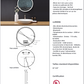 Image has color photo of round mirror mounted above bathroom vanity. Below is graphic illustration of mirror's dimensions. To the right is list of features. Text is in French.