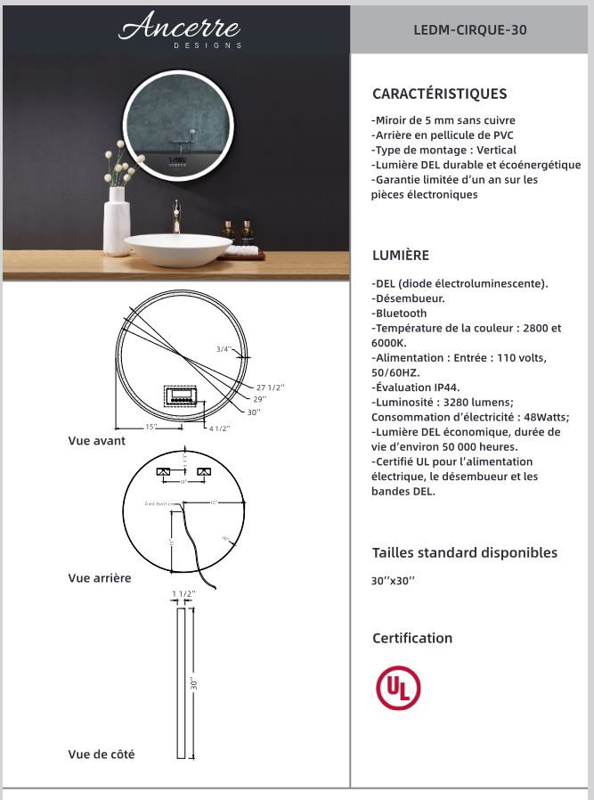 Image has color photo of round mirror mounted above bathroom vanity. Below is graphic illustration of mirror's dimensions. To the right is list of features. Text is in French.