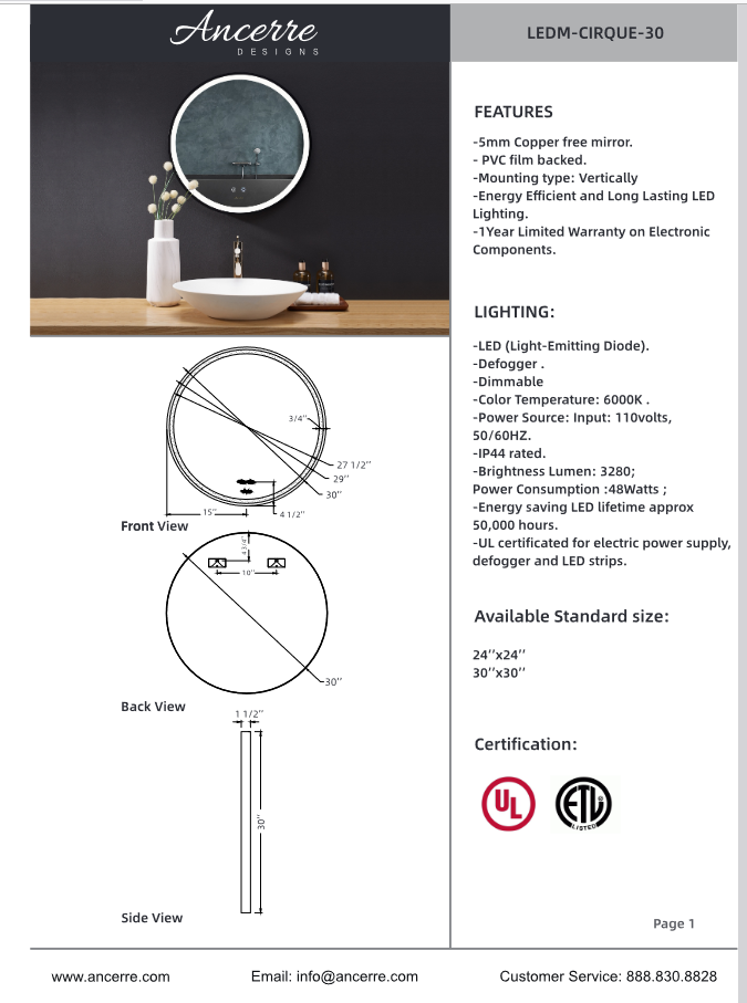 Image shows small photo of round morror. Includes graphic of dimensions and printed list of features and specs.