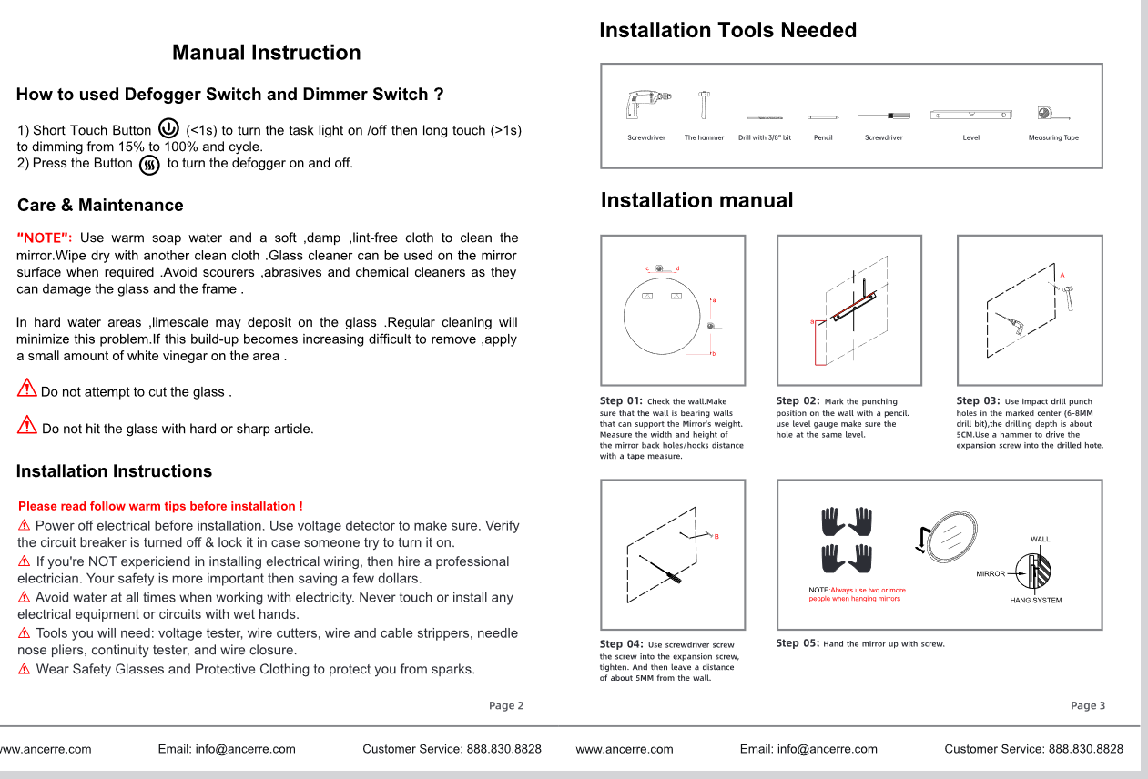 Image shows printed operating, care and maintenance instructions. Also, instalation instructions with graphics.