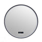 This is a white background photo of a round mirror showing cluster of controls at bottom center. 