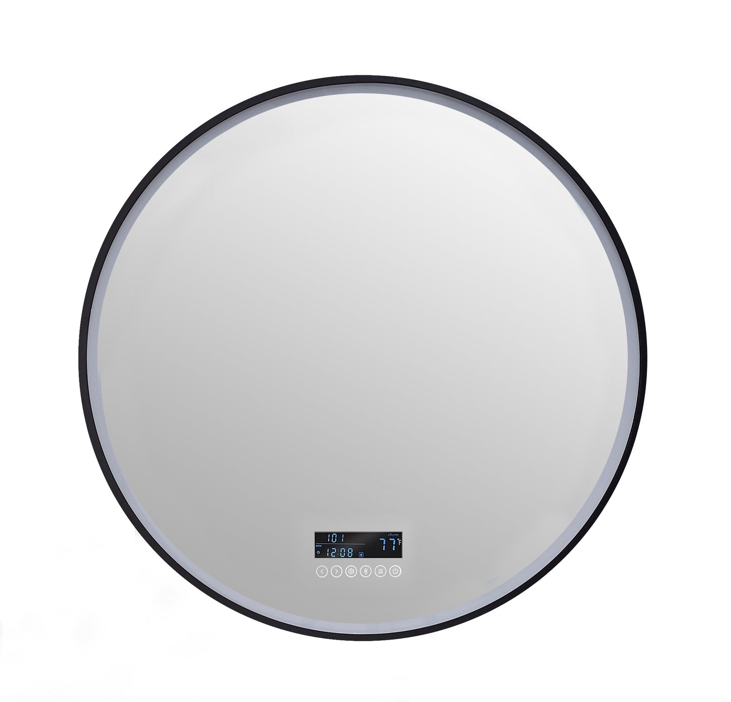 This is a white background photo of a round mirror showing cluster of controls at bottom center. 