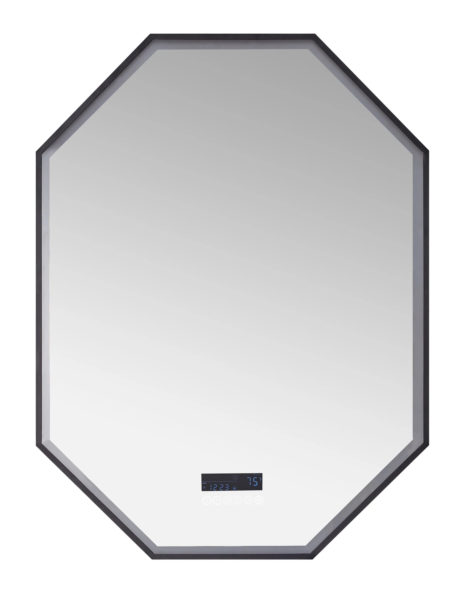 Image is white background photo of an eight sided mirror—taller than wide. The digital display is centered near the bottom.