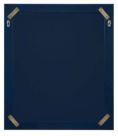 Image is photo of back of Heritage Blue Ancerre mirror showing mounting hardware and corner reinforcements.