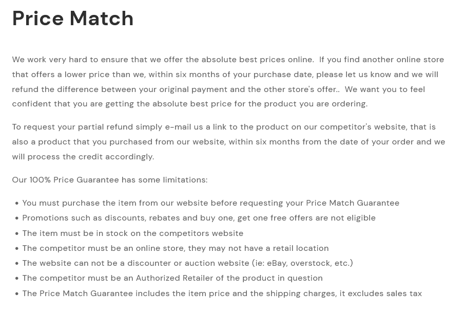 Image shows text of price match policy.