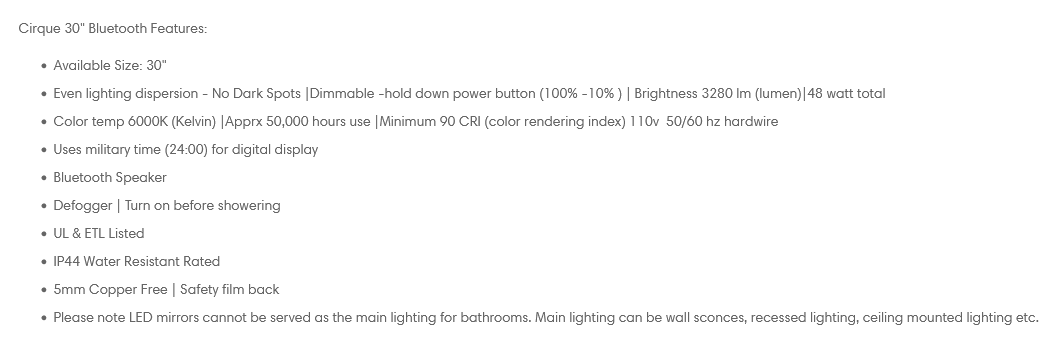 Image shows printed list of product features such as Bluetooth, defogger, clock and LED.