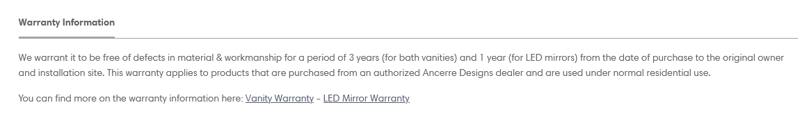 Image shows short version of warranty.