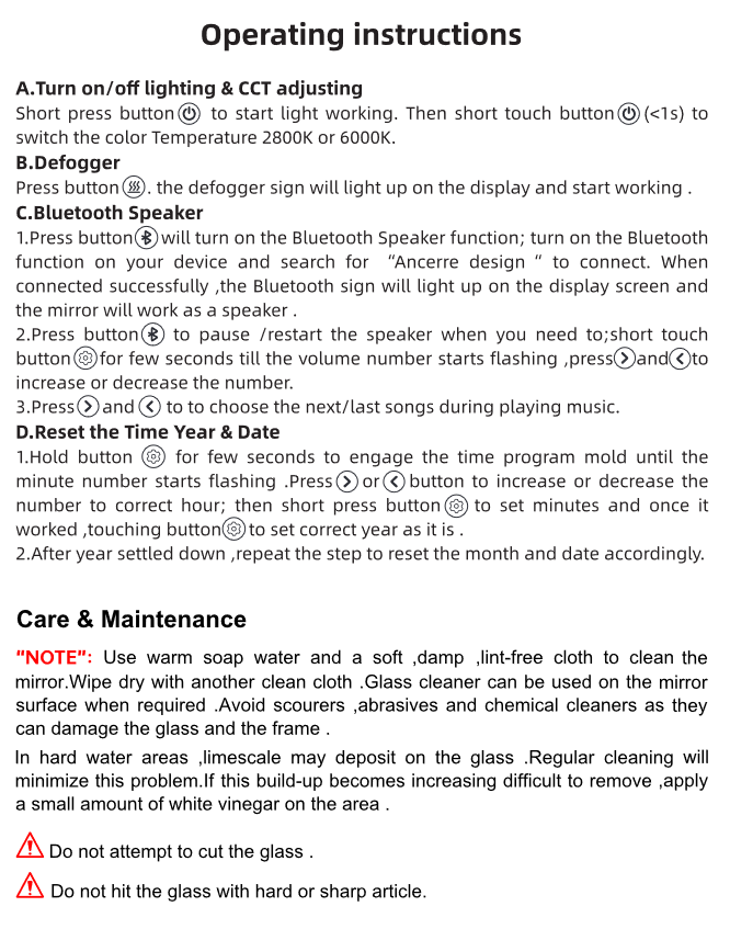 Image shows text of operating instructions of round mirror.