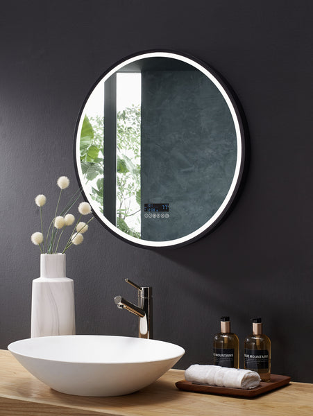 Cirque Round LED mirror by Ancerre Designs, matte black aluminum frame, defogger & dimmable. LED surface area is on the outer borders. 30 inch. LED.es.