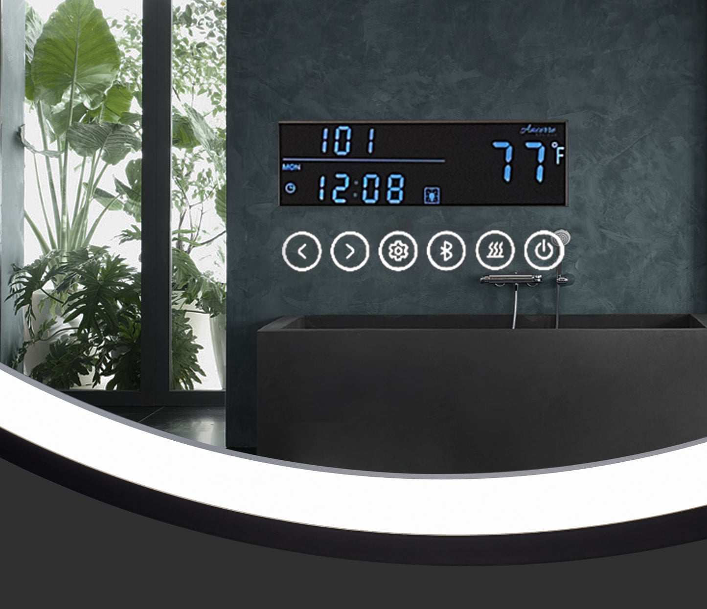 Image shows bottom edge of Ancerre Cirque LED mirror, where digital indicators and controls are displayed.   