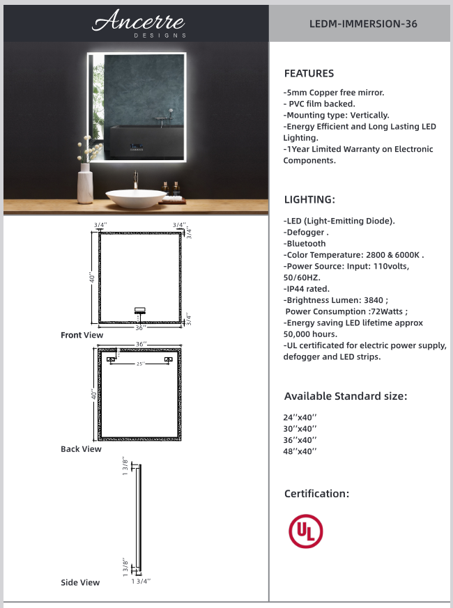 Ancerre Immersion Mirrors - 36 inch